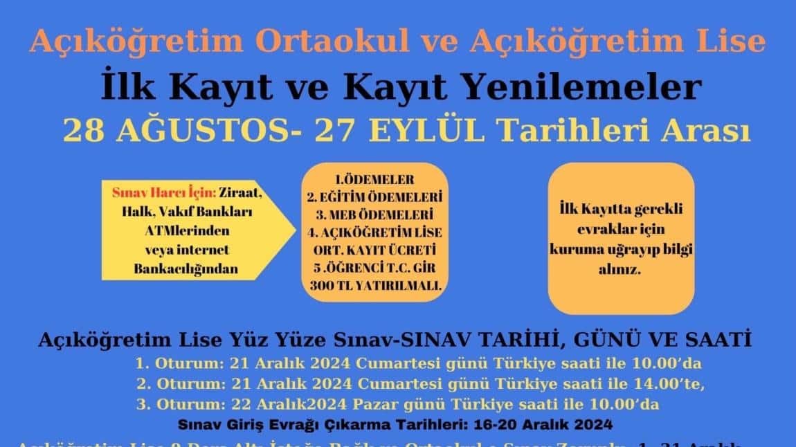 AÇIKÖĞRETİM KAYITLARI 02/08/2024 TARİHİ İTİBARİYLE YENİ ADRESİMİZDE YAPILMAYA BAŞLANACAKTIR